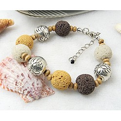 Colorful Lava Rock Bracelets, with Alloy beads, Wood Beads, Iron Chains and Alloy Lobster Clasps, Colorful, 190mm, bead: 12mm