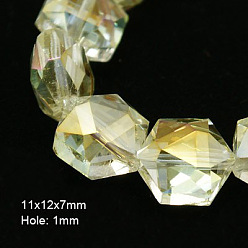 Light Yellow Electroplate Glass Beads, Half Plated, Faceted, Hexagon, Light Yellow, 11x12x7mm, Hole: 1mm