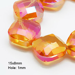 Orange Electroplate Glass Beads, Half Plated, Faceted, Square, Orange, 15x15x8mm, Hole: 1mm