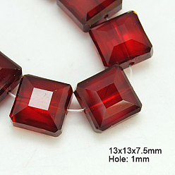 Rouge Foncé Perles en verre electroplate, perle plaquée lustre, facette, carrée, rouge foncé, 13x13x7.5mm, Trou: 1mm