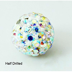 Cristal AB Perles de strass d'argile polymère , perles de boule pave disco , Grade a, ronde, la moitié foré, cristal ab, 10mm, Trou: 1mm