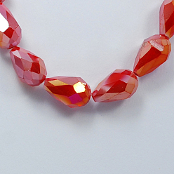 Red Electroplate Glass Beads Strands, Imitation Jade Beads, Faceted, teardrop, Red, 11x8mm, Hole: 1mm, 60pcs/strand, 28 inch