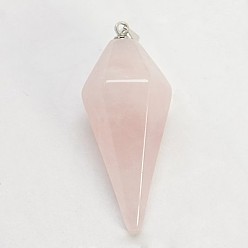 Quartz Rose Pendants pierres fines , avec fermoir en laiton, Pendule à cône facetté, platine, quartz rose, 31~37.5x14~16mm, Trou: 1.7mm