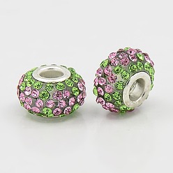 Peridot Resin Rhinestone European Beads, Grade A, with Brass Double Cores, Silver Color Plated, Rondelle, Peridot, 15x9mm, Hole: 5mm