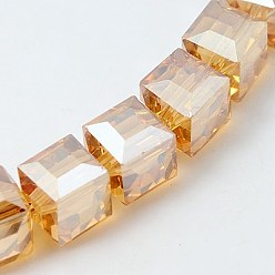 Orange Electorplated Glass Beads, Rainbow Plated, Faceted, Cube, Orange, 9x9x9mm, Hole: 1mm