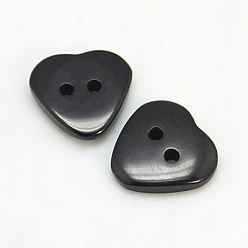 Black Resin Buttons, Dyed, Heart, Black, 15x15x3mm, Hole: 2mm