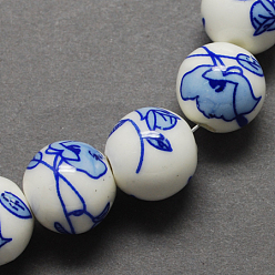 Cornflower Blue Handmade Printed Porcelain Beads, Round, Cornflower Blue, 10mm, Hole: 3mm