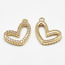 Real 18K Gold Plated Brass Charms, with Cubic Zirconia, Heart, Clear, Real 18K Gold Plated, 13x14x2mm, Hole: 1.5mm