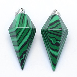 Malachite Synthetic Malachite Pointed Pendants, with Brass Findings, Bullet, Platinum, 38.5x16x14.5mm, Hole: 5x8mm