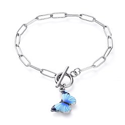 Stainless Steel Color Charm Bracelets, with Printed Alloy Enamel Pendants, 304 Stainless Steel Paperclip Chains and Toggle Clasps, Butterfly, Stainless Steel Color, 8 inch(20.2cm)