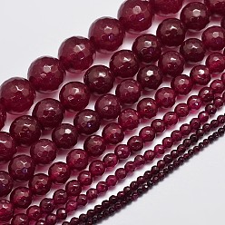 Dark Red Natural Malaysia Jade Bead Strands, Imitation Ruby, Round, Dyed, Faceted, Dark Red, 12mm, Hole: 1.0mm, about 30pcs/strand, 14.5 inch