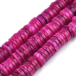 Medium Violet Red Natural Freshwater Shell Beads Strands, Dyed, Heishi Beads, Flat Round/Disc, Medium Violet Red, 8x1~2.5mm, Hole: 0.8mm, about 196~210pcs/strand, 15.16 inch~15.43 inch(38.5cm~39.2cm)