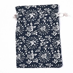 Flower Printed Polycotton(Polyester Cotton) Pouches, Drawstring Bags, Prussian Blue, Floral Pattern, 17.5~18x12.7~13cm