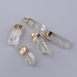 Golden Electroplate Natural Quartz Crystal Pendants, Rock Crystal, with Iron Findings, Golden, 35~47x10~16x10~15mm, Hole: 6x3mm