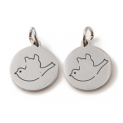 Bird 304 Stainless Steel Charms, Laser Cut, with Jump Ring, Stainless Steel Color, Flat Round Charm, Bird, 13.5x12x1mm, Hole: 3.6mm