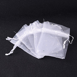 White Presents Packages Organza Bags, with Sequins and Ribbons, Rectangle, White, 9x7cm