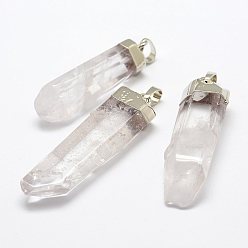Platine Pendeloques de cristal de quartz naturel, avec les accessoires en laiton, facette, polir, nuggets, platine, 48.5~66x10~17x9.5~13mm, Trou: 5x8mm