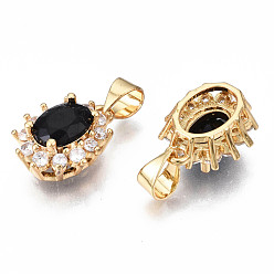 Black Brass Micro Pave Cubic Zirconia Charms, with Brass Snap on Bails, Oval, Real 18K Gold Plated, Nickel Free, Black, 14x11.5x7mm, Hole: 5x3.5mm