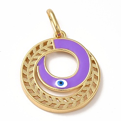Dark Orchid Brass Pendants, with Enamel, Real 18K Gold Plated, Long-Lasting Plated, Round Ring with Evil Eye Charm, Dark Orchid, 36.5x32.5x3.5mm, Hole: 11x7.5mm