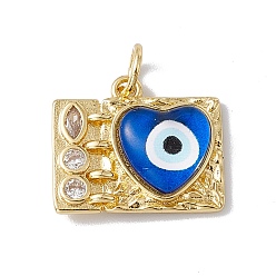 Royal Blue Brass Micro Pave Clear Cubic Zirconia Pendants, Rectangle with Heart Charm, with Eye Resin and Jump Rings, Lead Free & Cadmium Free, Real 18K Gold Plated, Royal Blue, 16x18.5x4.5mm, Hole: 4mm