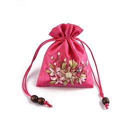 Cerise Flower Pattern Satin Jewelry Packing Pouches, Drawstring Gift Bags, Rectangle, Cerise, 14x10.5cm
