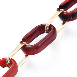 Dark Red Handmade Acrylic & Aluminium Cable Chains, Imitation Gemstone, Flat Oval, for Jewelry Making, Light Gold, Dark Red, Link: 18.5x11.5x4.5mm, 14.5x8.5x1.5mm, about 39.37 inch(1m)/strand