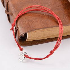 Red Trendy Waxed Cord Bracelets, Red String Bracelets, with Tibetan Style Antique Silver Alloy Findings, Red, 68mm