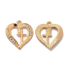 Oro Colgantes de aleación de rhinestone, dijes de corazón con patrón de cruz, religión, dorado, 19.5x17.5x2.5 mm, agujero: 1.5 mm