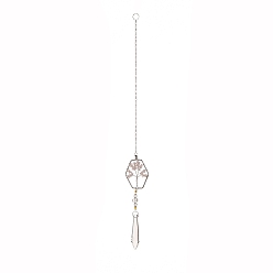 Hexagone Perles acryliques en forme de larme grosses décorations pendantes, capteurs de soleil suspendus, avec des perles éclatées de quartz rose, arbre de la vie, hexagone, 381mm