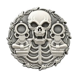 Antique Silver Alloy Pin, Brooch for Backpack Clothes, Halloween Skull with Gun Shape, Antique Silver, 47x3mm