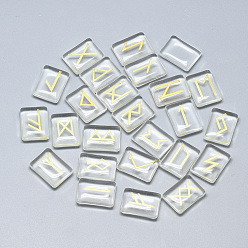 Clear Spray Painted Glass Cabochons, Rectangle with Runes/Futhark/Futhorc, Clear, 19~20x14~15x4.5~6mm, 25pcs/set