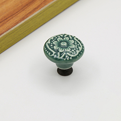 Green Porcelain Cabinet Door Knobs, Kitchen Drawer Pulls Cabinet Handles, Flat Round with Flower Pattern, Green, 34x32mm