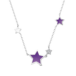 Purple SHEGRACE 925 Sterling Silver Pendant Necklaces, with Epoxy Resin and Cubic Zirconia, Star, Platinum, Purple, 15.75 inch(40cm), Star: 13mm