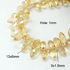 Jaune Clair Verre de galvanoplastie perles de larme à facettes brins, perles percées, de couleur plaquée ab , jaune clair, 11.5~13x6mm, Trou: 1mm, Environ 92~95 pcs/chapelet, 16.5 pouce