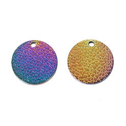Rainbow Color Ion Plating(IP) 304 Stainless Steel Charms, Textured, Laser Cut, Flat Round, Rainbow Color, 15x1.6mm, Hole: 1mm