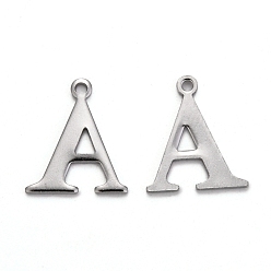 Letter A 304 Stainless Steel Charms, Stainless Steel Color, Alphabet, Stainless Steel Color, Letter.A, 12x10.5x1mm, Hole: 1mm