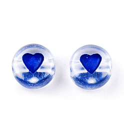 Blue Transparent Acrylic Enamel Beads, Flat Round with Heart, Blue, 7x4mm, Hole: 1.8mm, about 108000~111000pcs/15000g