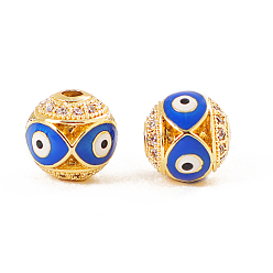Blue Brass Micro Pave Clear Cubic Zirconia Beads, with Enamel, Golden, Round with Evil Eye, Blue, 10mm, Hole: 2mm
