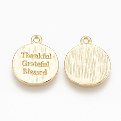 Real 18K Gold Plated Brass Charms, Flat Round with Thankful Grateful Blessed, Nickel Free, Real 18K Gold Plated, 13x11x1mm, Hole: 1mm