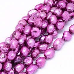 Medium Orchid Dyed Natural Cultured Freshwater Pearl Beads Strands, Oval, Medium Orchid, 10~15x6~10mm, Hole: 0.8mm, about 30~34pcs/strand, 14.1 inch(36cm)