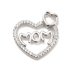 Real Platinum Plated Rack Plating Brass Micro Pave Cubic Zirconia Pendants, Heart with Word MOM Charm for Mother's Day, Long-Lasting Plated, Cadmium Free & Lead Free, Real Platinum Plated, 16x15x3mm, Hole: 3x3.5mm