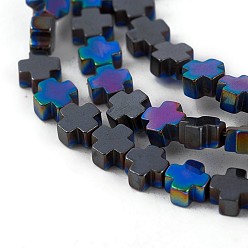 Blue Plated Electroplated Non-magnetic Synthetic Hematite Beads Strands, Cross, Blue Plated, 4x4x2mm, Hole: 0.6mm, about 98pcs/strand, 16.14 inch(41cm)