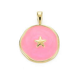 Hot Pink Brass Enamel Pendants, Cadmium Free & Nickel Free & Lead Free, Real 16K Gold Plated, Flat Round with Star, Hot Pink, 20.5x15.5x4.5mm, Hole: 2.5x3mm