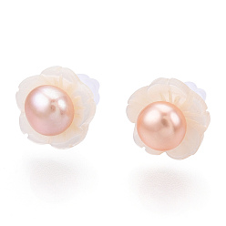 Seashell Color Natural Pearl & White Shell Flower Stud Earrings, with 925 Sterling Silver Pins, Seashell Color, 10x14.5mm, Pin: 0.8mm