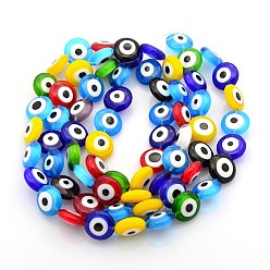 Mixed Color Handmade Evil Eye Lampwork Bead Strands, Flat Round, Mixed Color, 6x4mm, Hole: 1mm, about 68pcs/strands, 15 inch