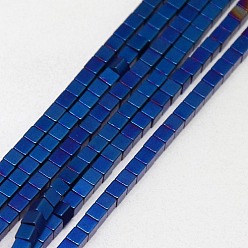 Azul Chapado Electroplate no magnéticas de hematita sintética hebras de cuentas, esmerilado, cubo, Grado A, azul chapado, 3x3x3 mm, agujero: 1 mm, sobre 127 unidades / cadena, 16 pulgada