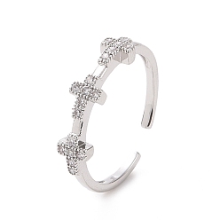Platinum Clear Cubic Zirconia Cross Open Cuff Ring, Brass Jewelry for Women, Platinum, Inner Diameter: 17.6mm