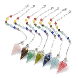 Mixed Stone Chakra Jewelry, Resin Hexagonal Pointed Dowsing Pendulums, with Natural Mixed Gemstone Beads Inside and Platinum Plated Brass Findings, Faceted, Cone/Spike/Pendulum, 244mm