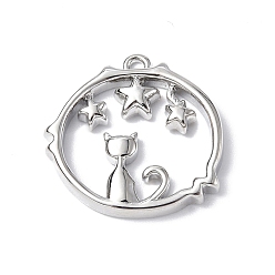 Платинированный Латунные подвески, круглое кольцо с подвеской в виде кота и звезды, Реальная платина, 16x16x2 мм, отверстие : 1 мм