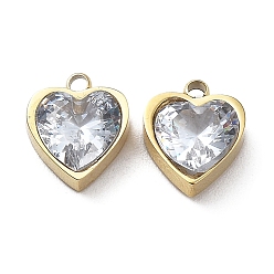Real 18K Gold Plated Ion Plating(IP) 304 Stainless Steel Charm, with Glass, Heart Charm, Real 18K Gold Plated, 9x7.5x3.5mm, Hole: 1mm